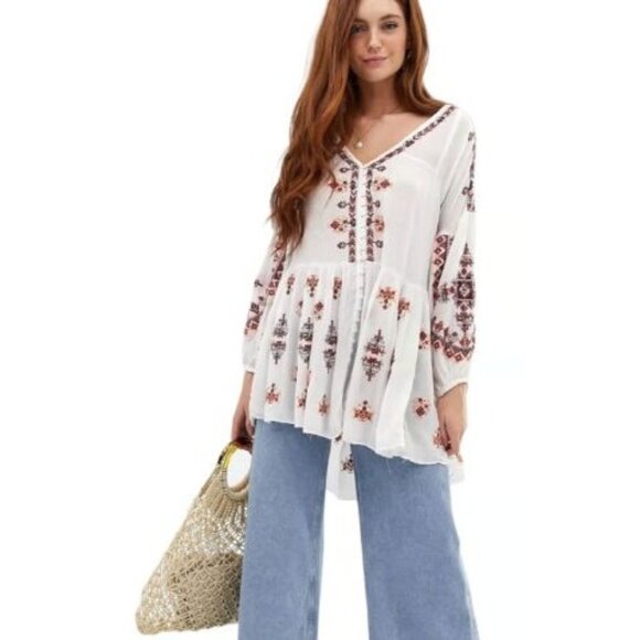Free People Womens Arianna Embroidered Drop Waist Tunic Boho Blouse Size M NWT - Picture 1 of 11